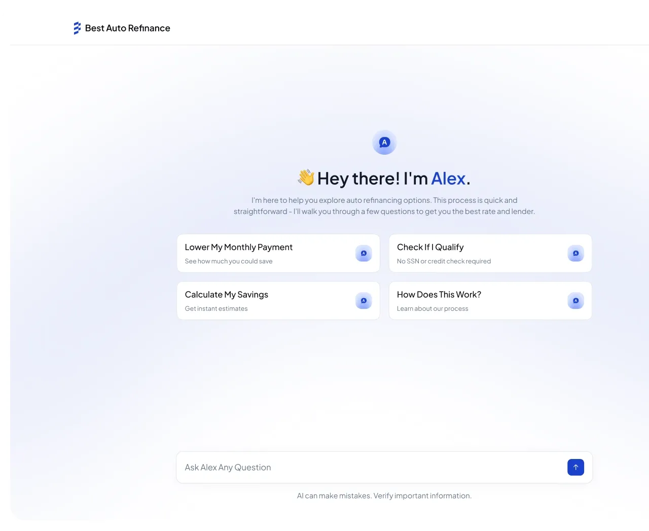 Alex, the AI refinancing assistant, greeting a user with quick-start options