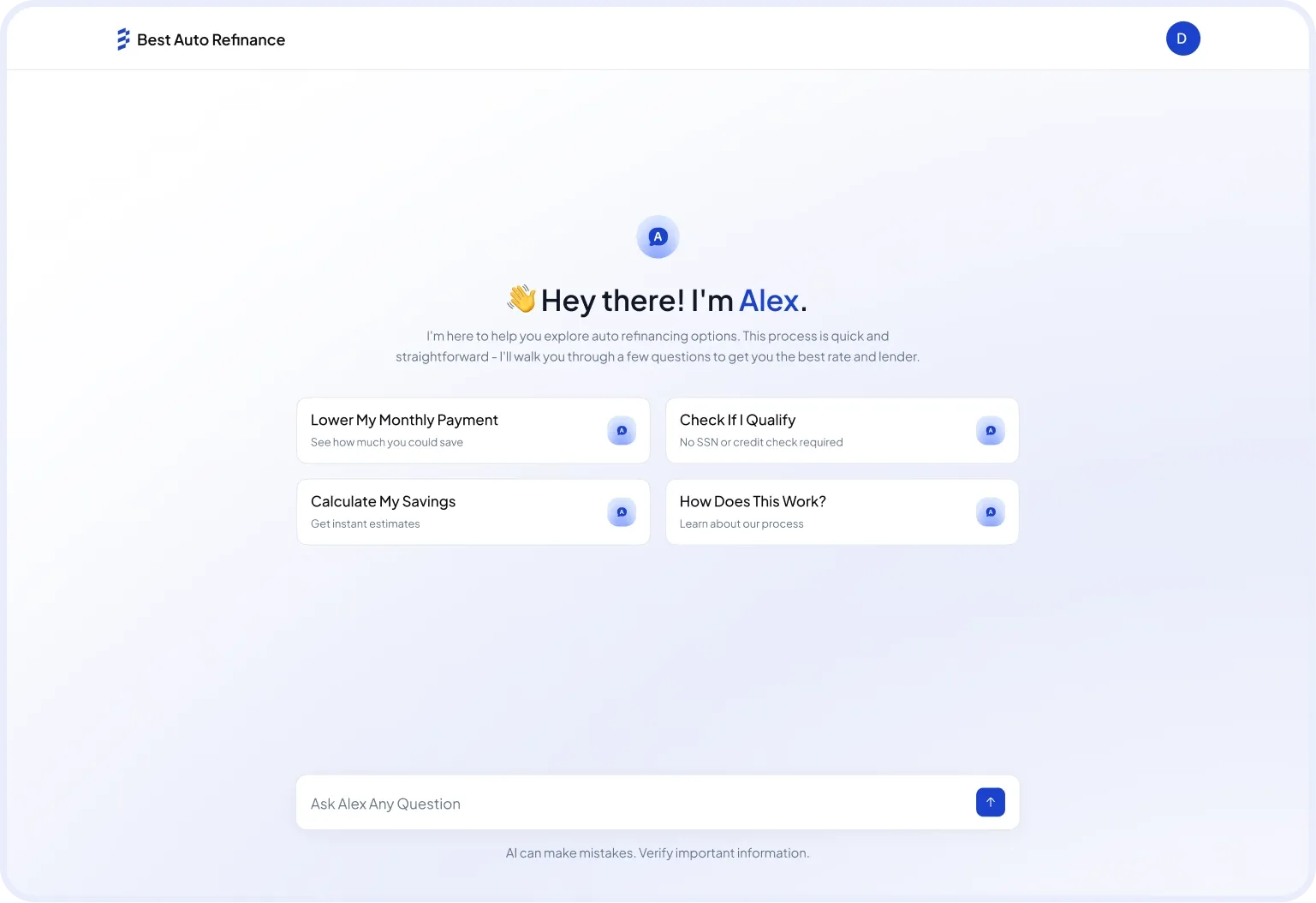 Alex, the AI refinancing assistant, greeting a user with quick-start options